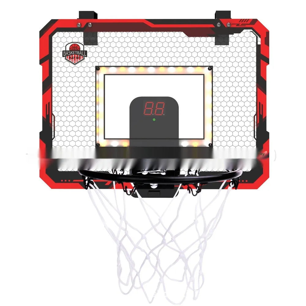 Red folding basketball frame with suction cups mounted on glass door showing scoring panel
