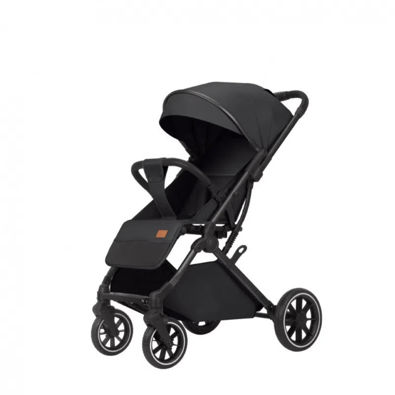 Lightweight folding baby stroller with four-wheel shock absorbers, iron frame, available in black, dark gray, light gray, and khaki