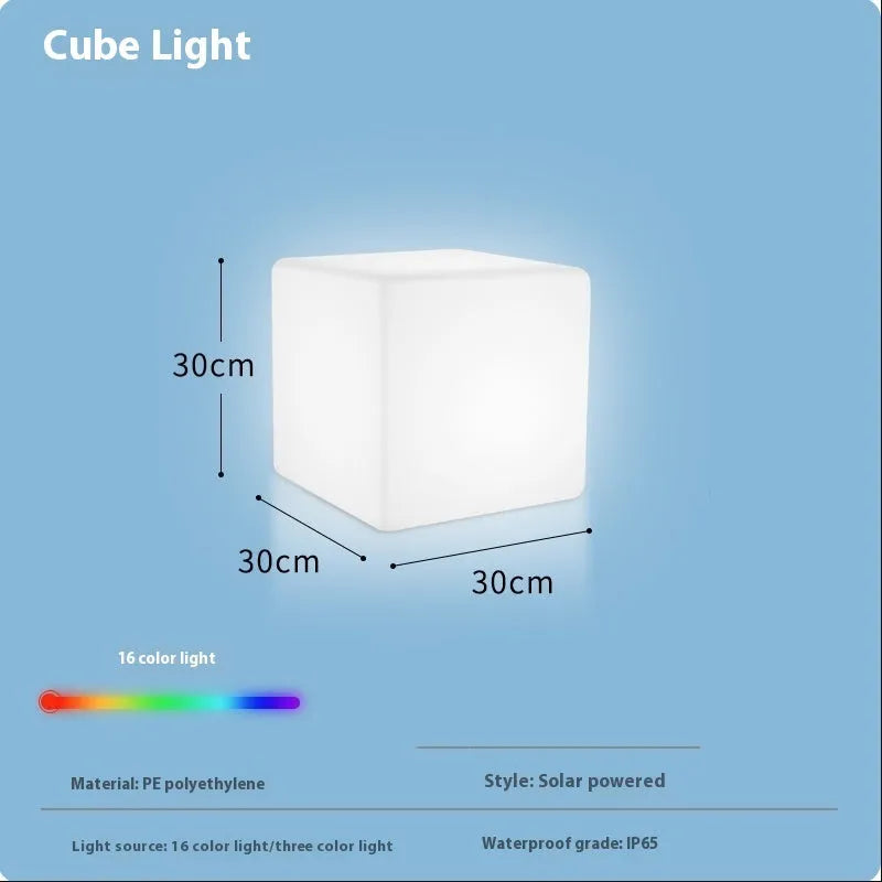 Modern white LED square cube light for outdoor garden and pathway illumination.