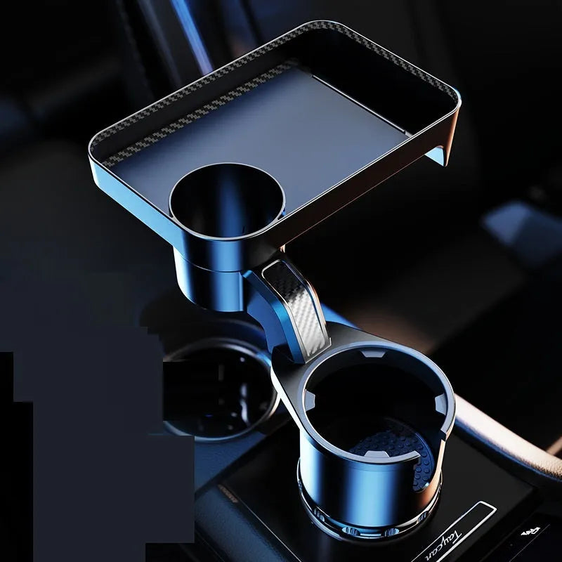 Black car cup holder dinner tray with 360-degree rotating base and adjustable plate positions