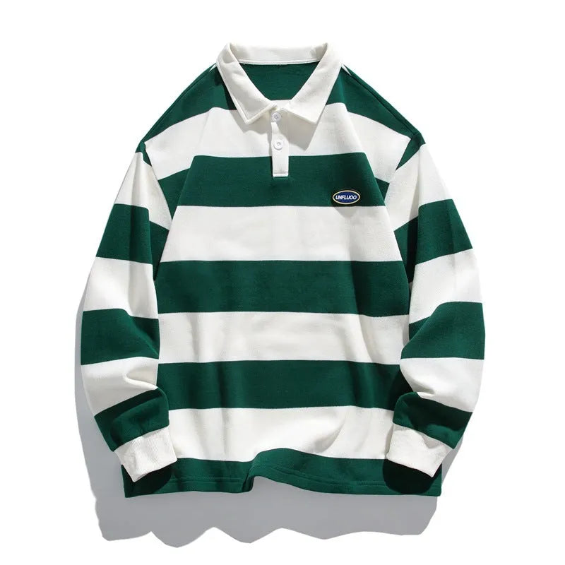 Hong Kong style pearl cotton polo shirt with lapel collar in striped loose fit design