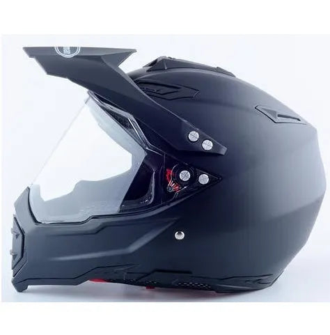 Dual-use full face motorcycle helmet in ABS material, side view showing full face shell and rally-style design
