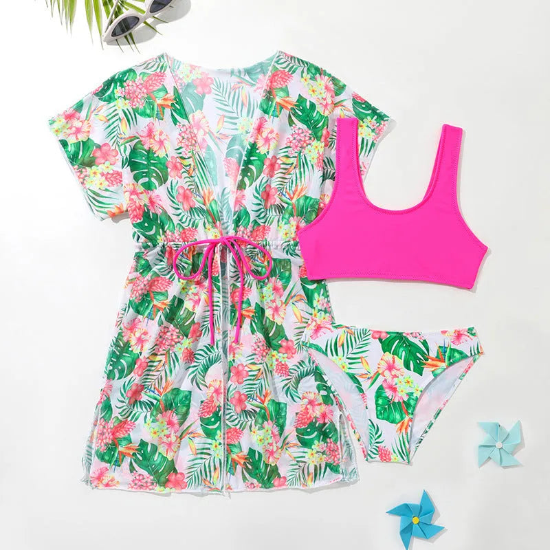 Girls' two-piece and women's three-piece floral swimsuit set in polyester