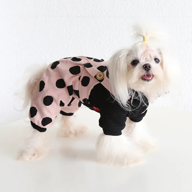 Petstyle couple-themed dog clothes with lapel and shoulder strap design in cloth fabric.