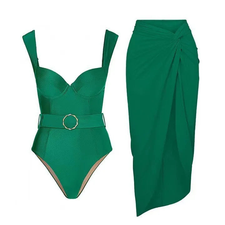 Women's one-piece swimsuit with skirt in polyester fabric for swimming activities