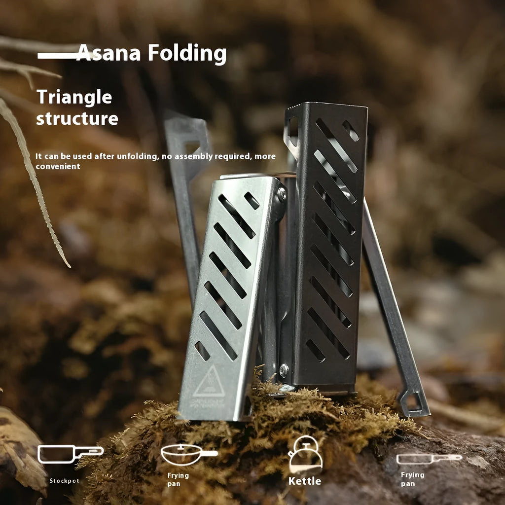 Black hexagon foldable alcohol stove for outdoor camping on a wooden surface.
