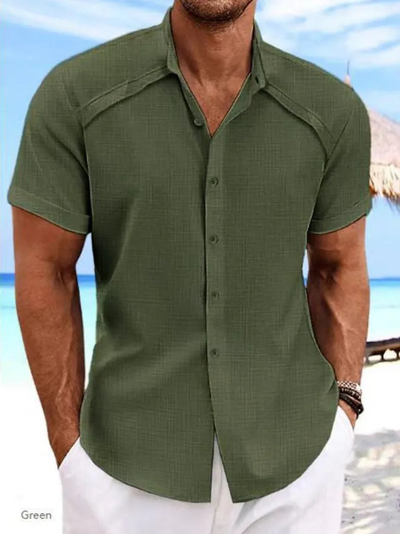 Hawaiian casual short sleeve solid colour cotton blend shirt in matcha green on a hanger