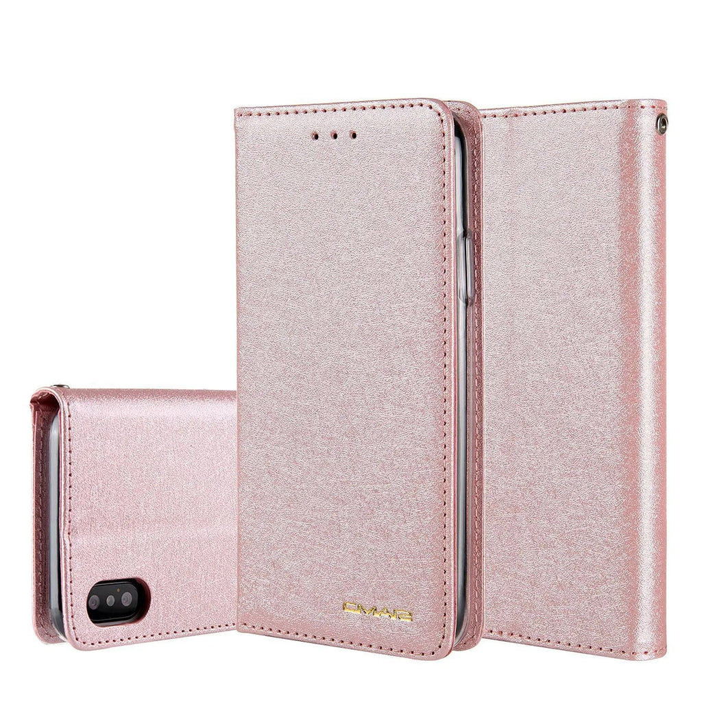 PU leather flip phone case in rose gold colour, shown open next to an iPhone, highlighting the interior card slot.
