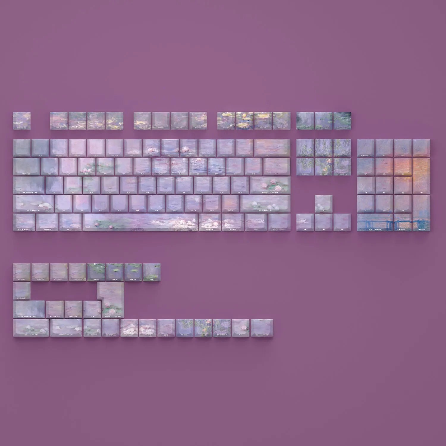 Wenshao Sleeping Lotus PBT keycap set with side-carved transparent characters for mechanical keyboards