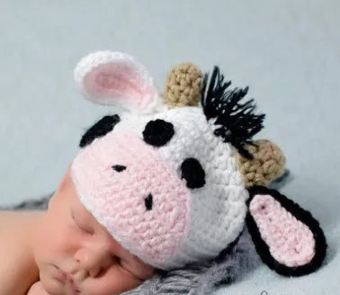 Hand knitted white baby cow suit with hat and pants set for newborns