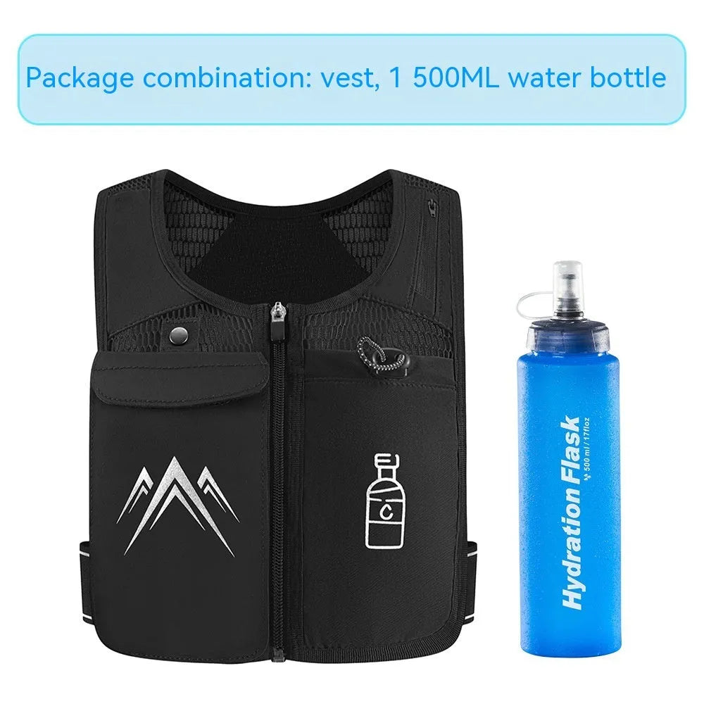 Classic black running vest with integrated phone pocket and detachable 500ml water kettle on a manikin.