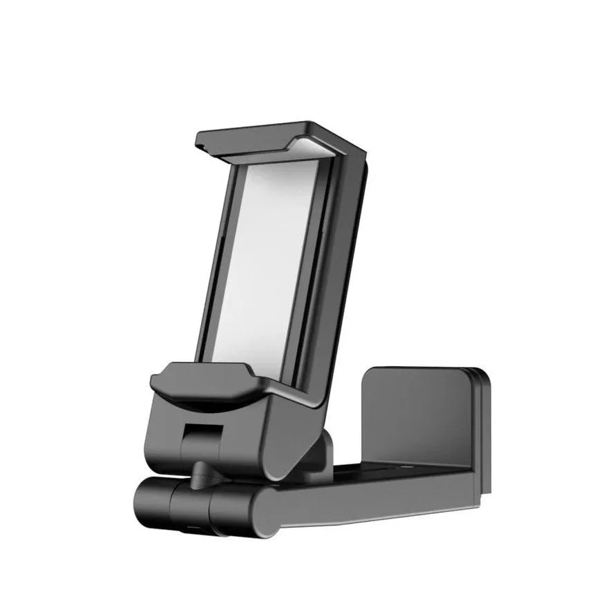 Foldable rotating universal phone holder in black, shown in an open position holding a mobile phone.