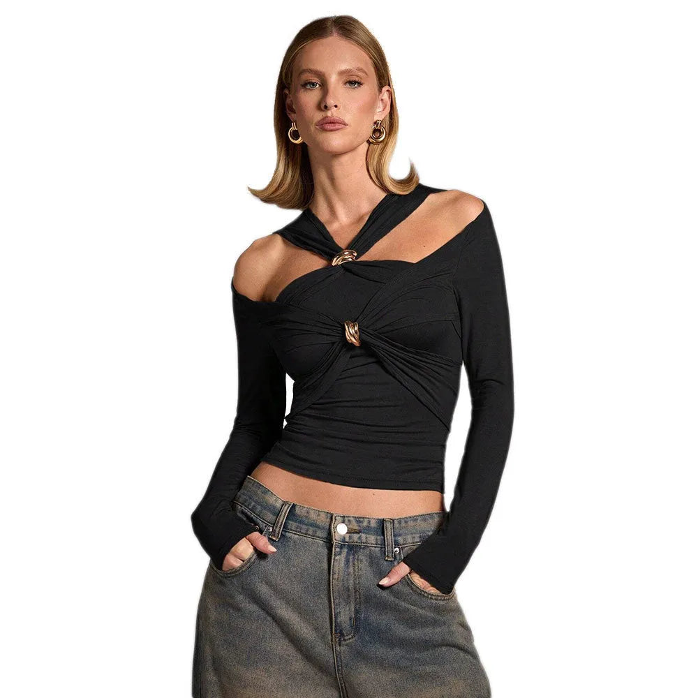 Black women's halter top with shoulder-baring strapless design and long sleeves