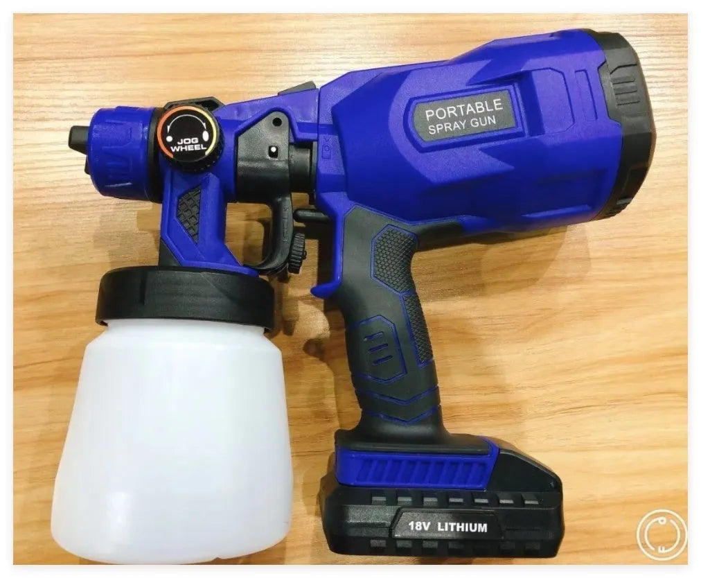 Blue cordless paint spray gun with detachable paint container and brushless motor.