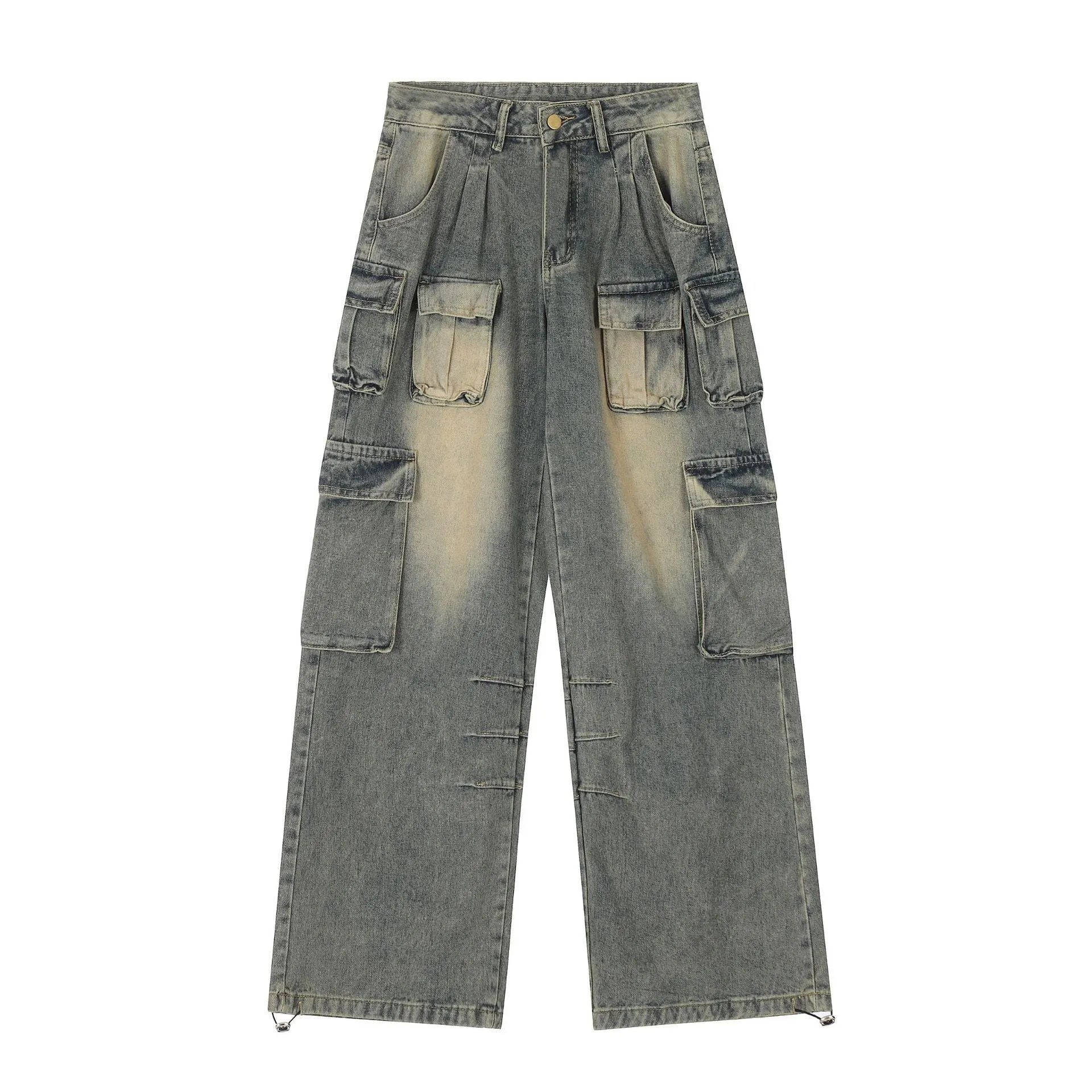 Loose-fit distressed denim jeans with multiple tooling pockets in light blue colour