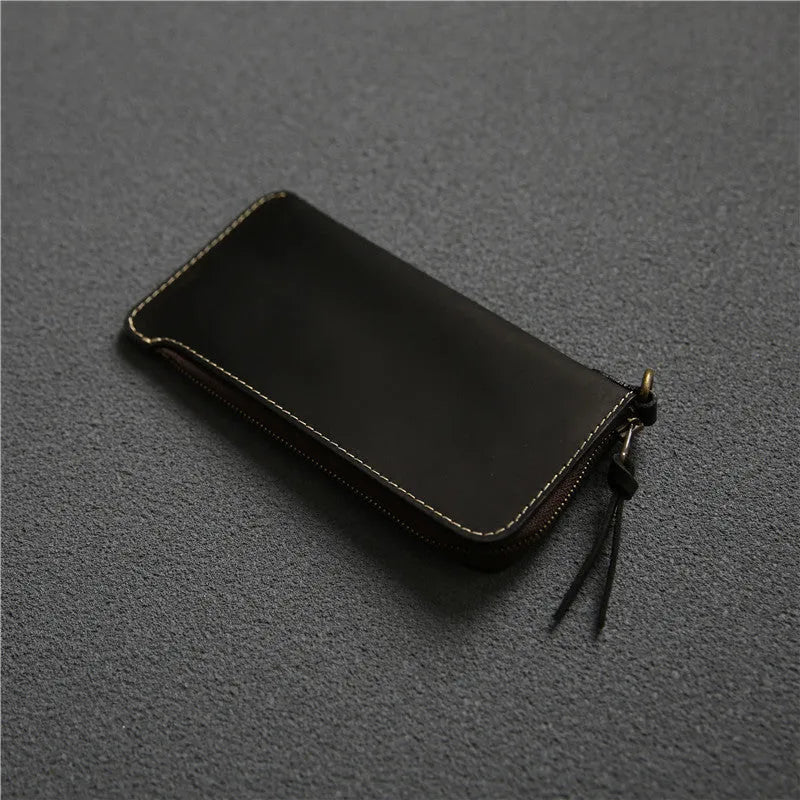Men's genuine leather zip wallet 18cm top layer cowhide dark brown Crazy Horse leather sewing line detail