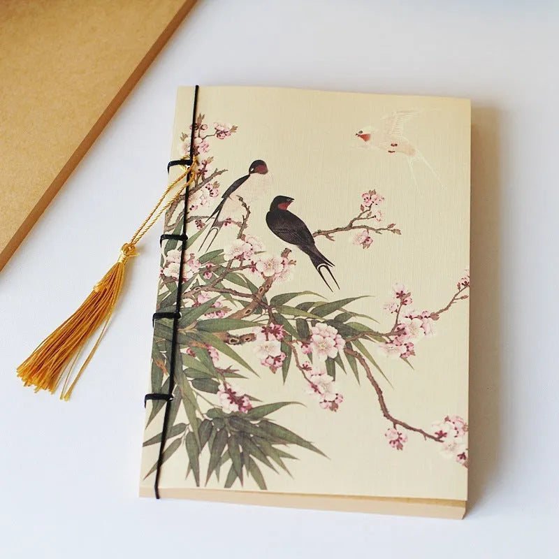 A5 antique wire-bound notebook with retro painting design on white cowhide cover