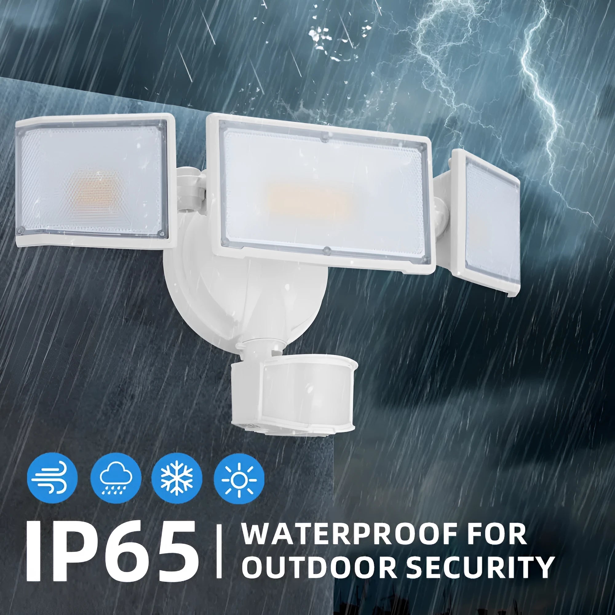 White or black LED security flood light with motion sensor for outdoor wall or ceiling mounting.