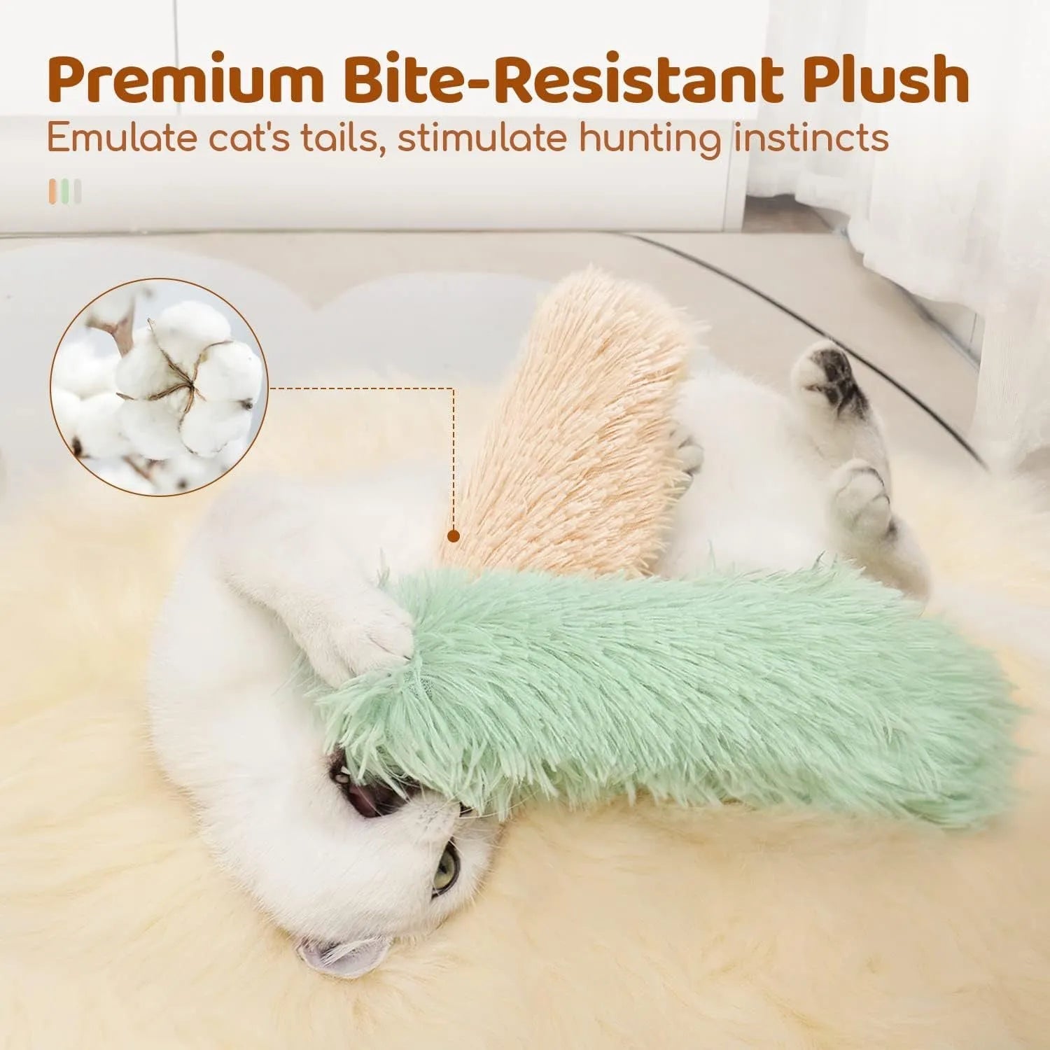 Soft plush cat toy pillow in blue, green, pink, or white, measuring 27 by 10 centimetres.