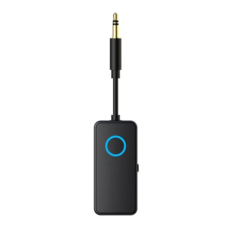 Black Bluetooth 5.4 audio adapter with a 3.5mm aux plug for wireless sound receiving and transmitting.