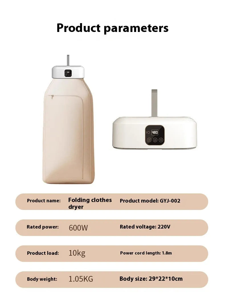 White cylindrical foldable smart dryer with remote control for dormitory laundry drying