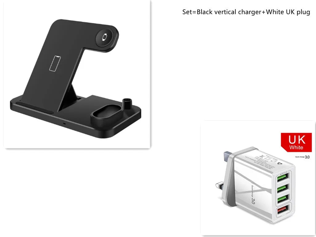 4-in-1 wireless charging station showing iPhone, Apple Watch, AirPods and Apple Pencil charging simultaneously on adjustable stand