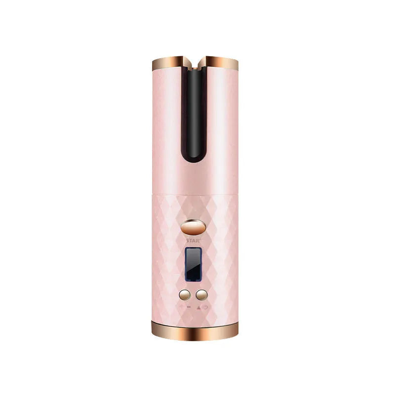 Portable wireless curling iron with USB charging port and gold ceramic barrel in pink colour