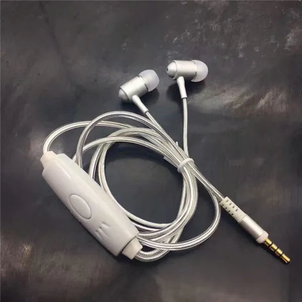 Blue light-up LED earphones with aluminium shells, remote control, and 3.5mm plug on a white background.