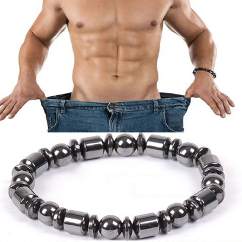 Black pentagram pattern magnetic therapy bracelet with stretch band and stone beads