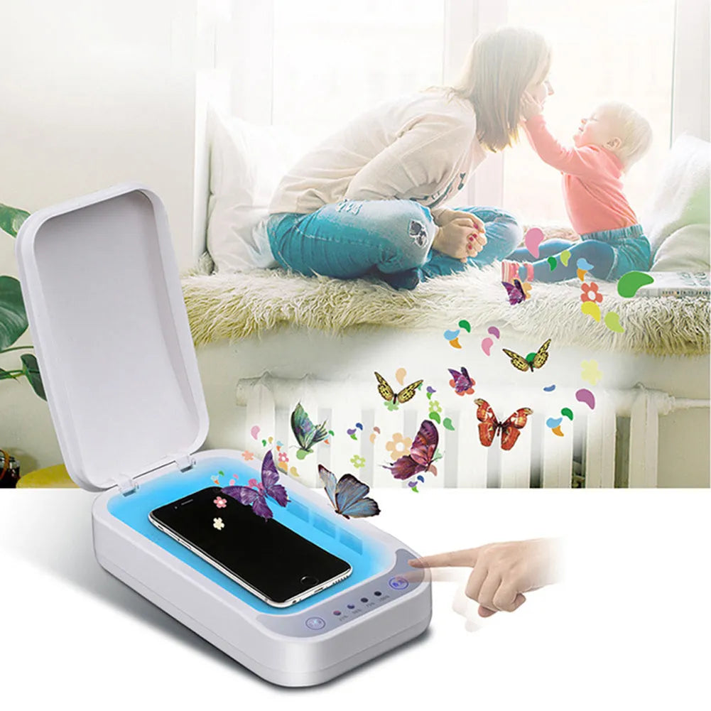 Blue and white portable ultraviolet disinfection box for mobile phones.