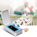Blue and white portable ultraviolet disinfection box for mobile phones.