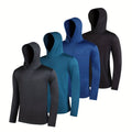 Four-pack of men's lightweight polyester hooded sweatshirts in various colours on hangers.