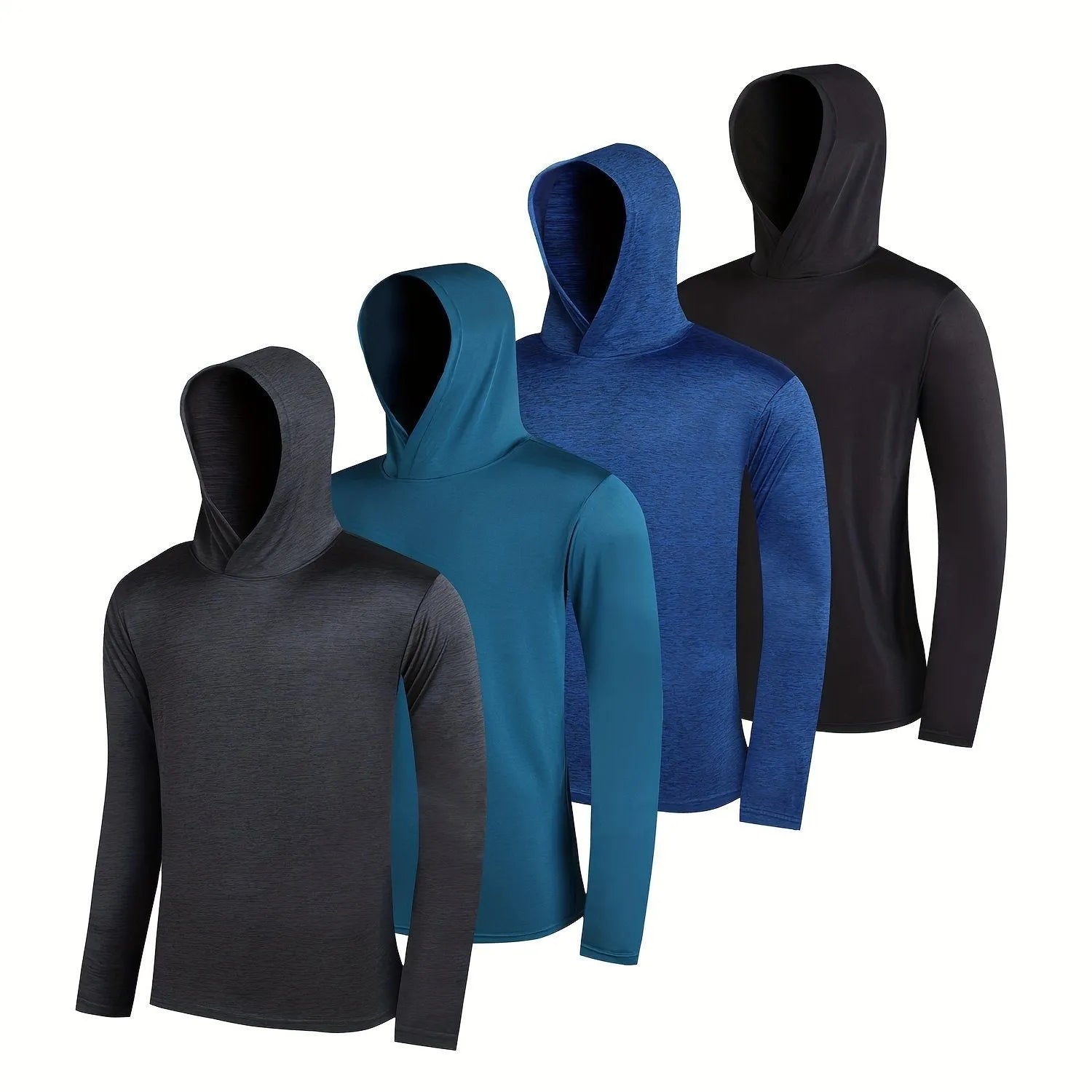 Four-pack of men's lightweight polyester hooded sweatshirts in various colours on hangers.