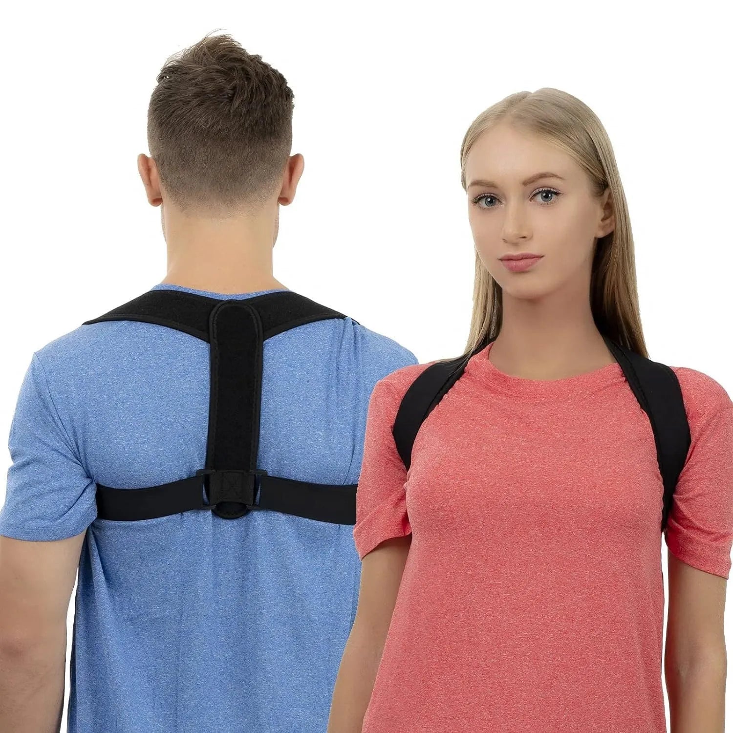 Black adjustable posture correction strap with elastic construction for back support