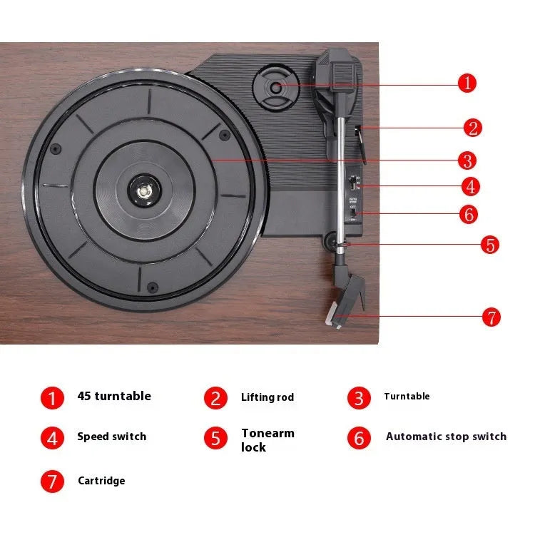 Record player phonograph requires external amplifier, compact turntable 300x250x100mm with multiple plug standards