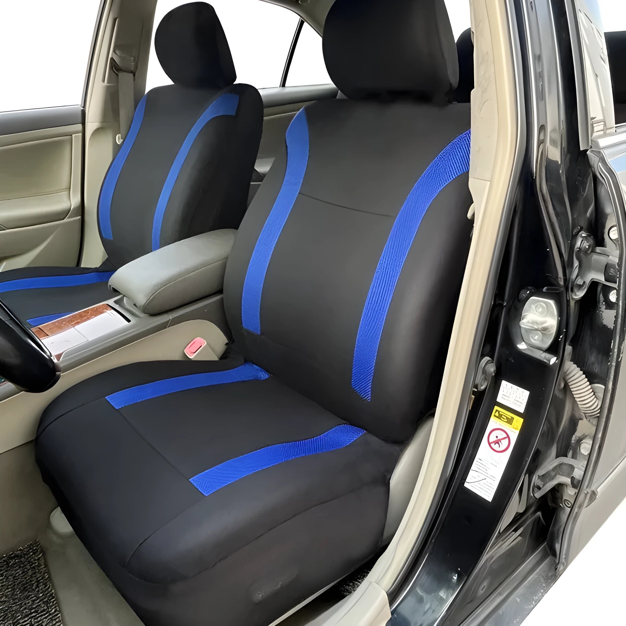 Polyester eyelet-stitch car seat cover set shown in available colours: blue, red, black, and grey.