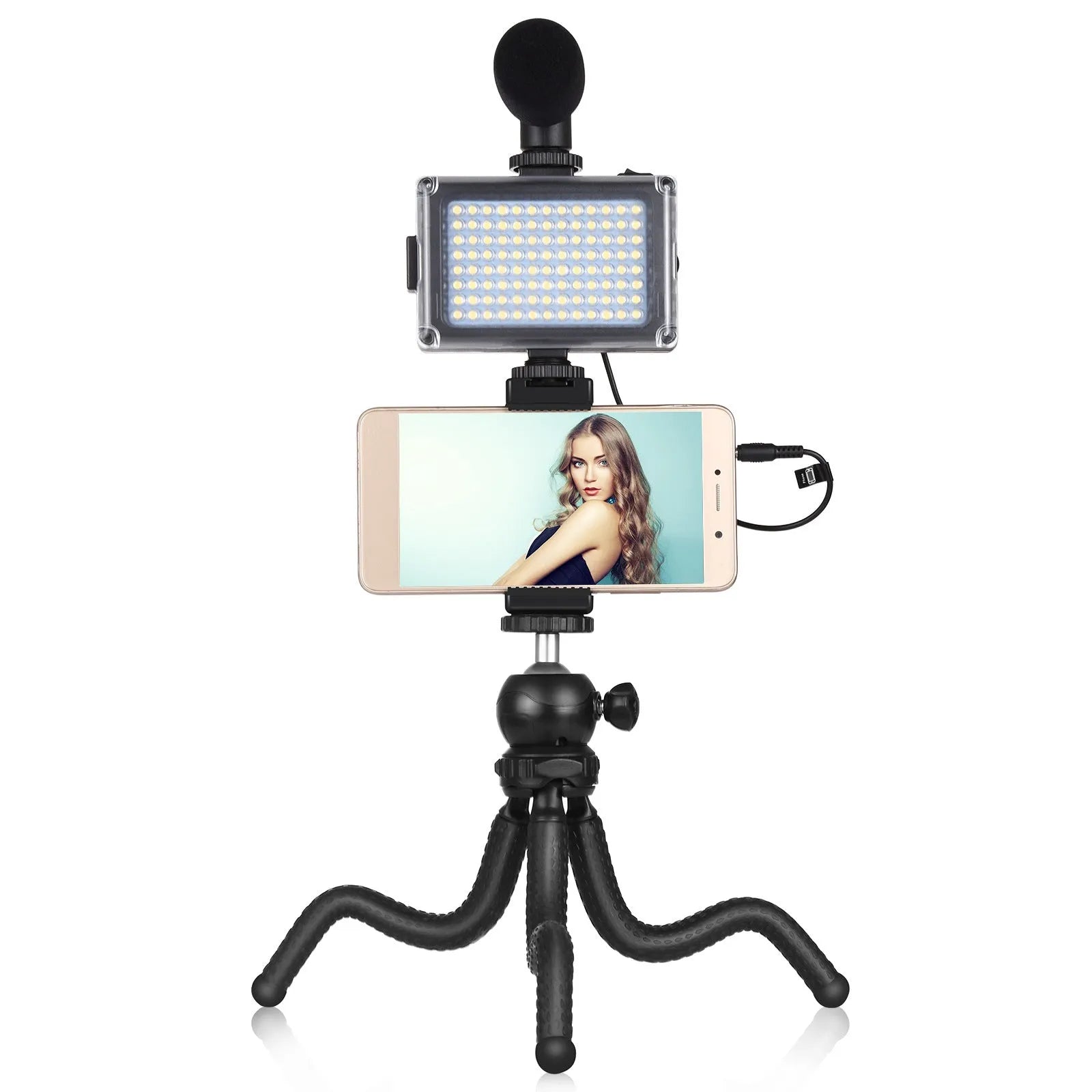 Black Octopus Yripod flexible desk tripod with fill light microphone wrapped around a chair back