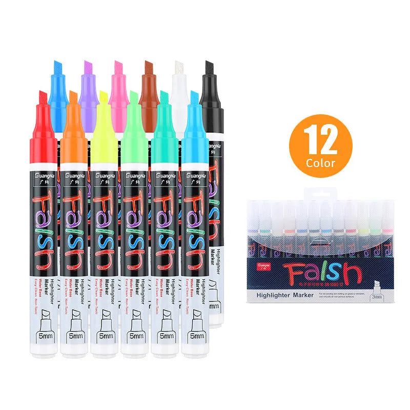 Electronic fluorescent board highlighter with oblique pen shape showing 6mm tip and plastic shell construction