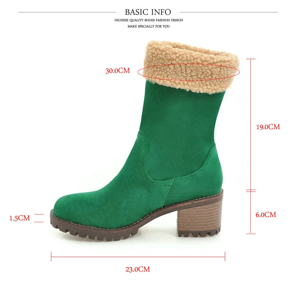 Snow boots with rubber sole and plush lining in black, grey, green, or orange.