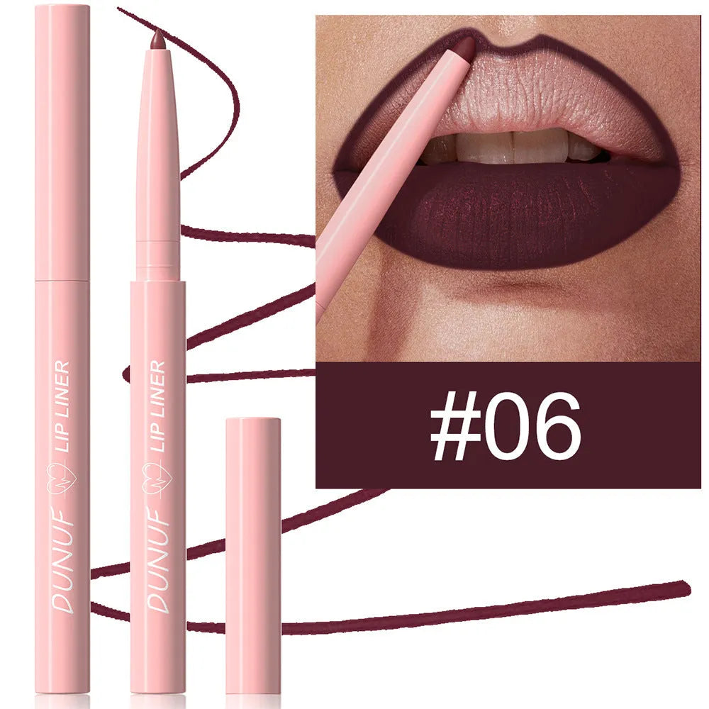 A single velvet matte lip liner pencil with 12 colour shade options shown, for precise lip definition.
