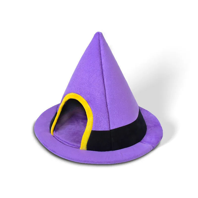 Purple cloth witch hat shaped cat bed for cats, shown with dimensions 60x46cm.