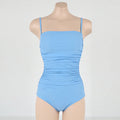 Sling neck one-piece swimsuit with belly pleating in slim-fit design, available in blue, white, yellow, and black colours