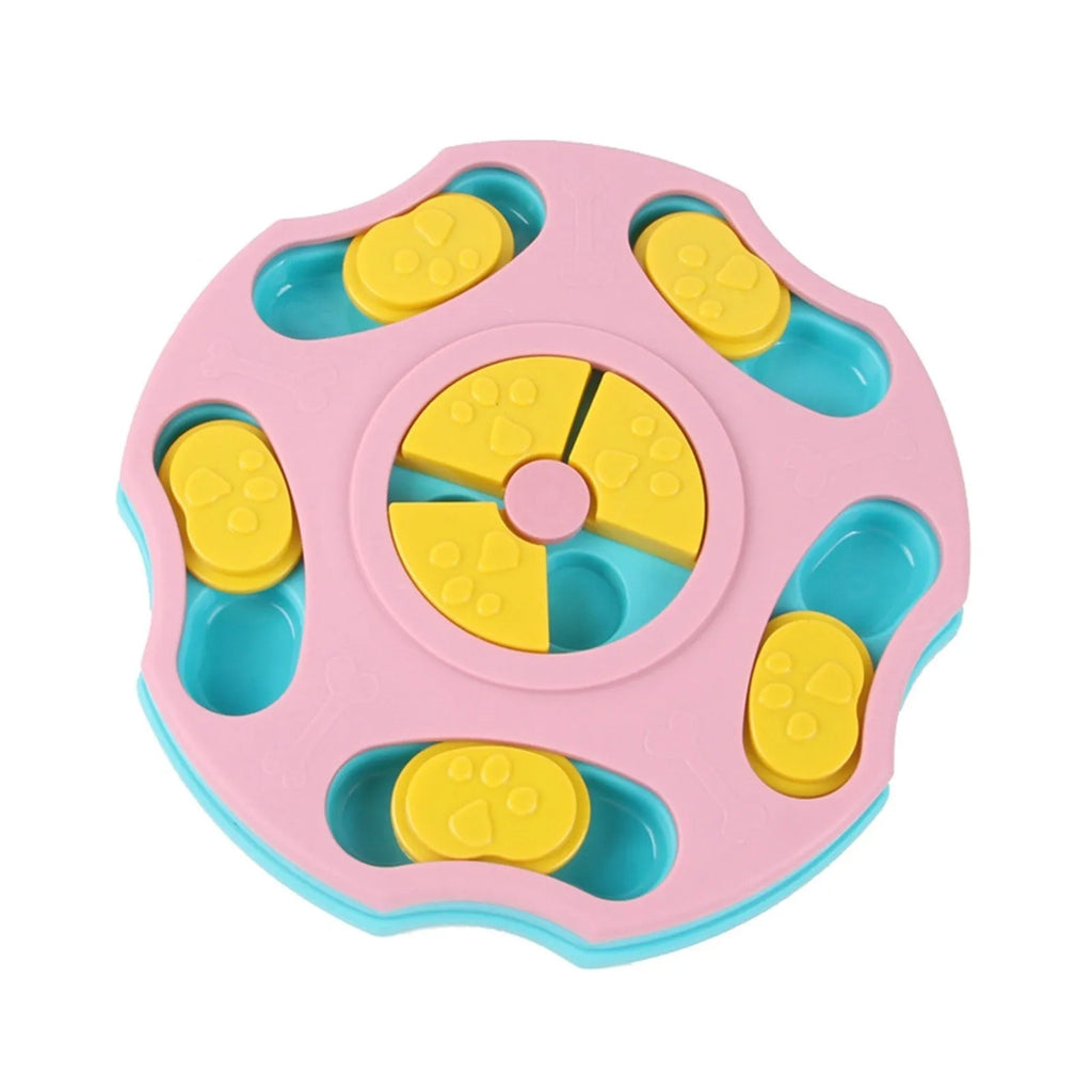 Blue and pink dog puzzle feeder toy with multiple compartments for interactive food searching gameplay