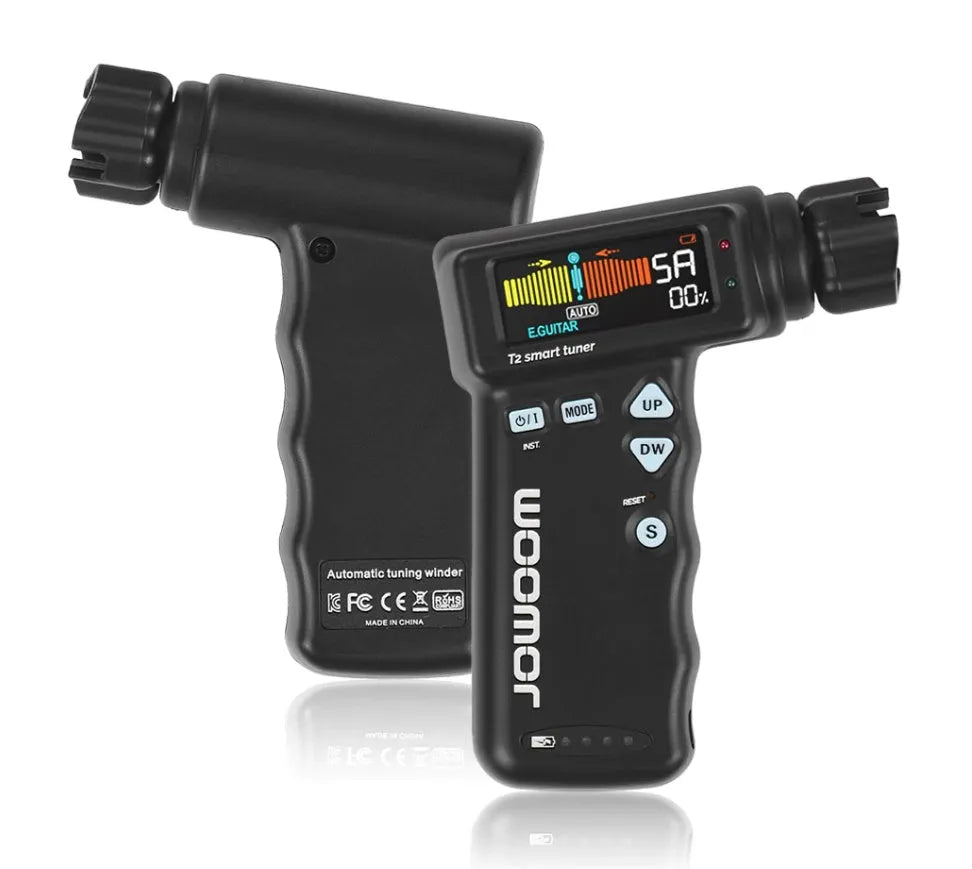 Black and white multi-functional smart guitar tuner with LCD display and string winder