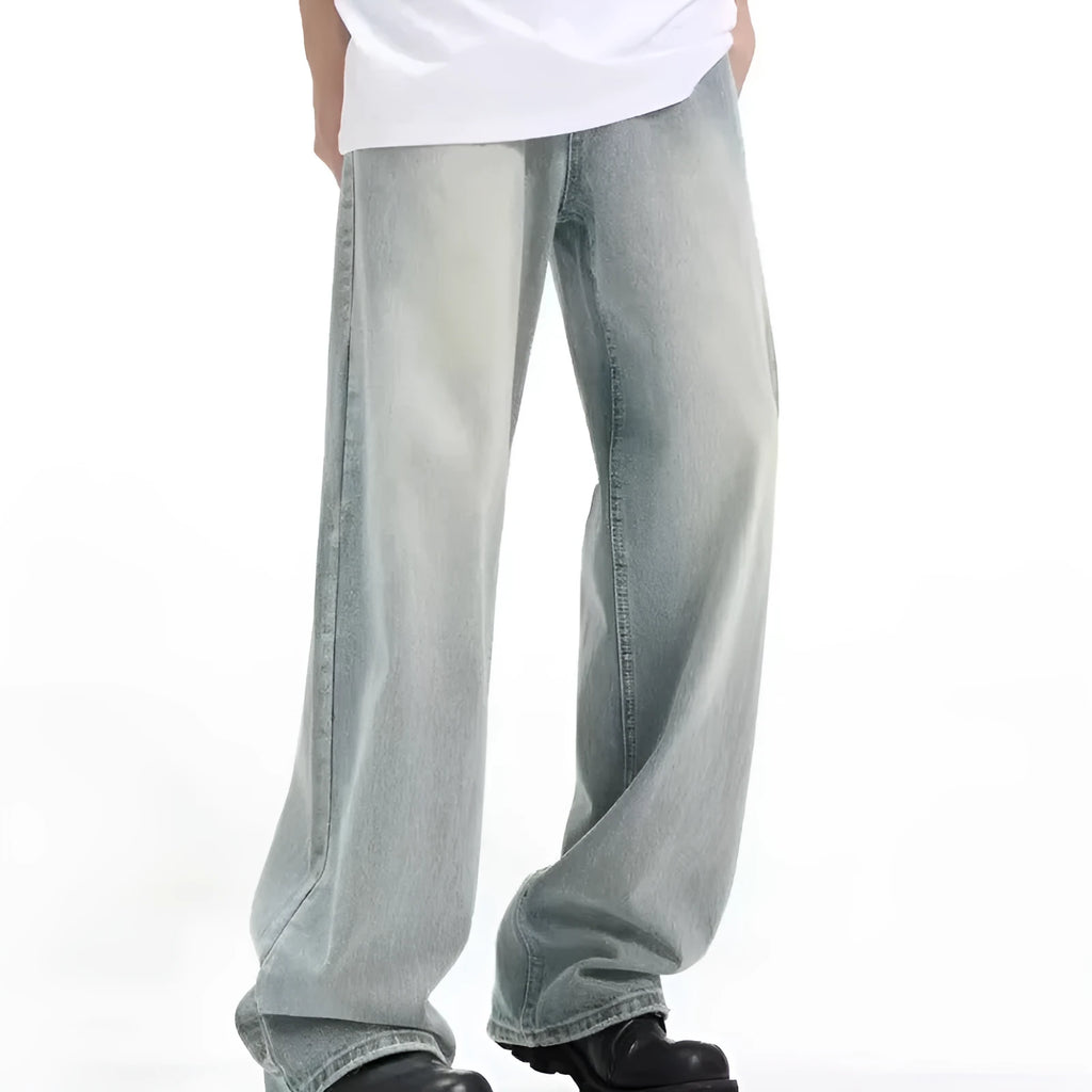 Blue retro loose-fit men's casual trousers made from rabbit fur fabric on a neutral background.