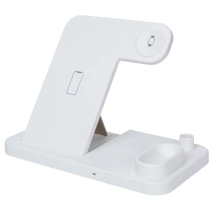 4-in-1 wireless charging station showing iPhone, Apple Watch, AirPods and Apple Pencil charging simultaneously on adjustable stand