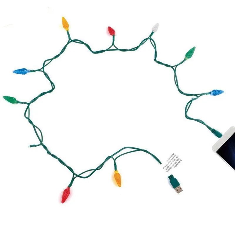 Green USB charging cable with 10 integrated LED Christmas lights flashing, compatible with iOS and Android devices