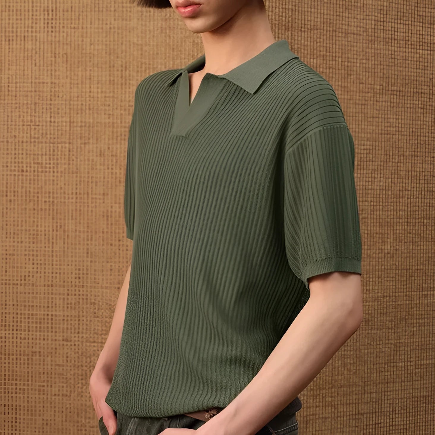 Man wearing a creamy white short-sleeve polo shirt with a business collar and subtle stripes.