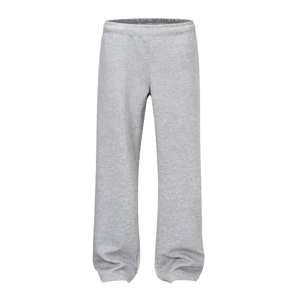 Men's grey straight-leg casual trousers showing wide-leg loose fit and mid waist design