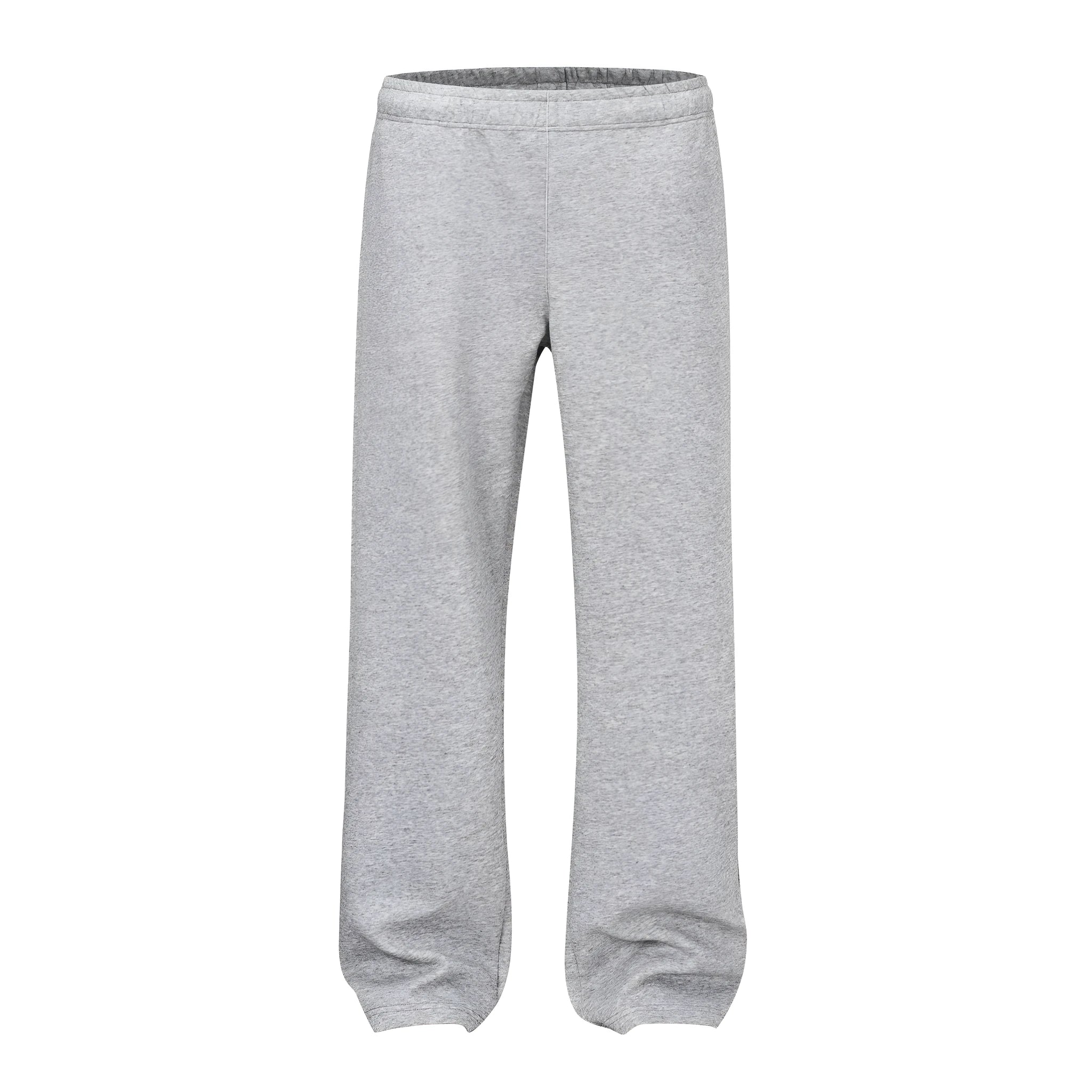 Men's grey straight-leg casual trousers showing wide-leg loose fit and mid waist design